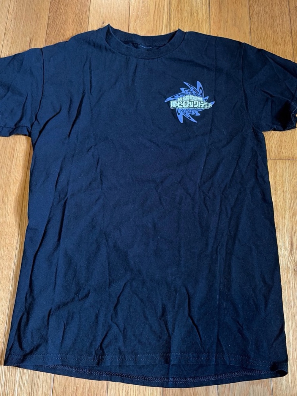 women's Black Short-Sleeve Graphic Crew Shirt with Blue Logo